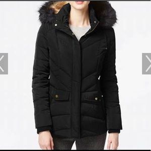Jones New York Black Down Puffer Coat with Faux Fur Hoodie Size Large